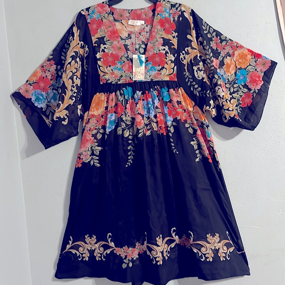 NWT Johnny Was Black Royal Easy and Blue Ruffled Midi Sundress (oversized)
